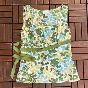 LOFT Shirt size 6 Green Yellow Floral Satin Side Zip Ribbon Tie